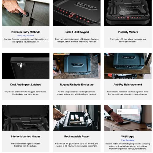 VAULTEK VTi Full-Size Biometric Handgun Smart Safe Multiple Pistol Safe with Auto-Open Lid and Rechargeable Battery (Bluetooth and Biometric)